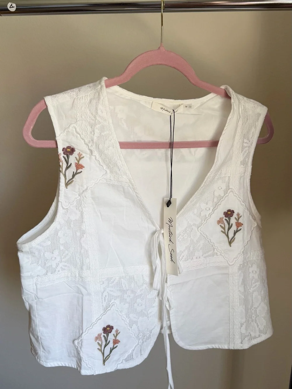 NWT Mustard Seed Embroidered Lace Tie-Front Vest White Size M